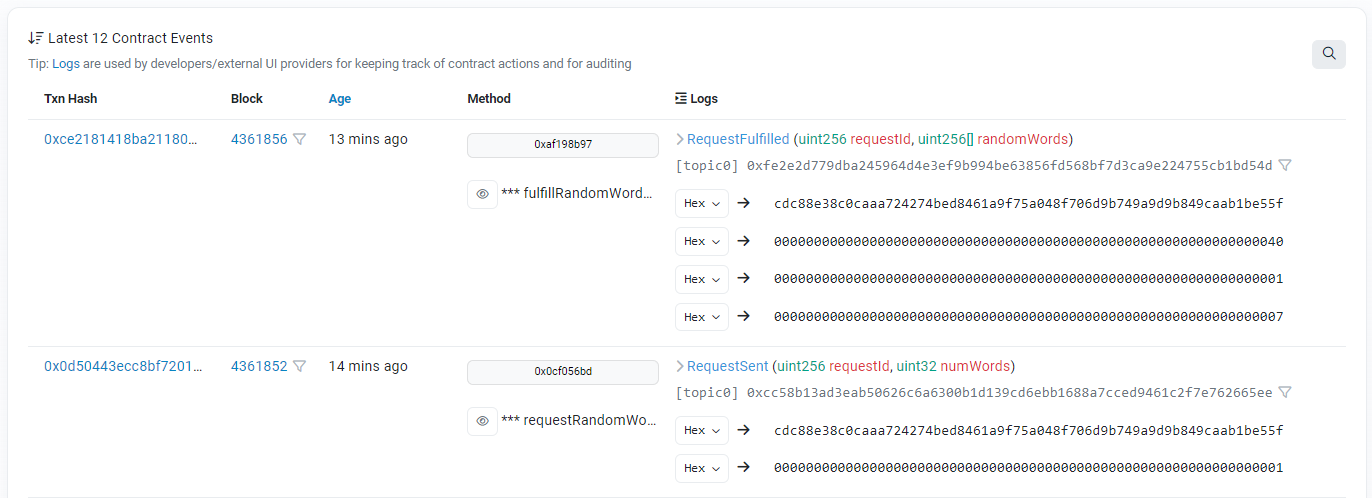 The events tab of the VRF smart contract